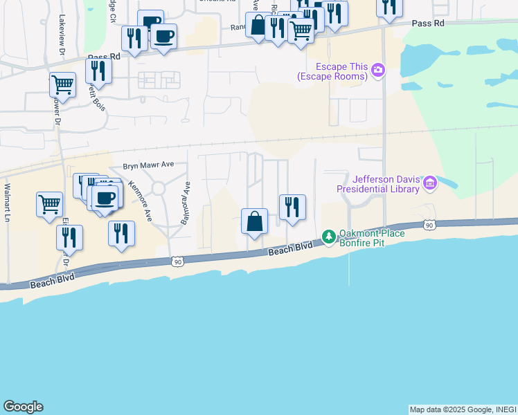 map of restaurants, bars, coffee shops, grocery stores, and more near 139 Pine Grove Avenue in Biloxi
