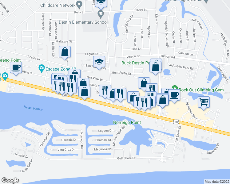 map of restaurants, bars, coffee shops, grocery stores, and more near 130 Lola Circle in Destin