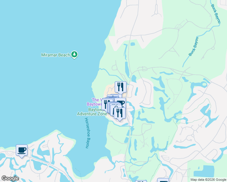map of restaurants, bars, coffee shops, grocery stores, and more near 9800 Grand Sandestin Boulevard in Miramar Beach