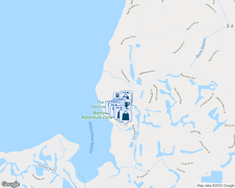 map of restaurants, bars, coffee shops, grocery stores, and more near 9800 Grand Sandestin Boulevard in Miramar Beach