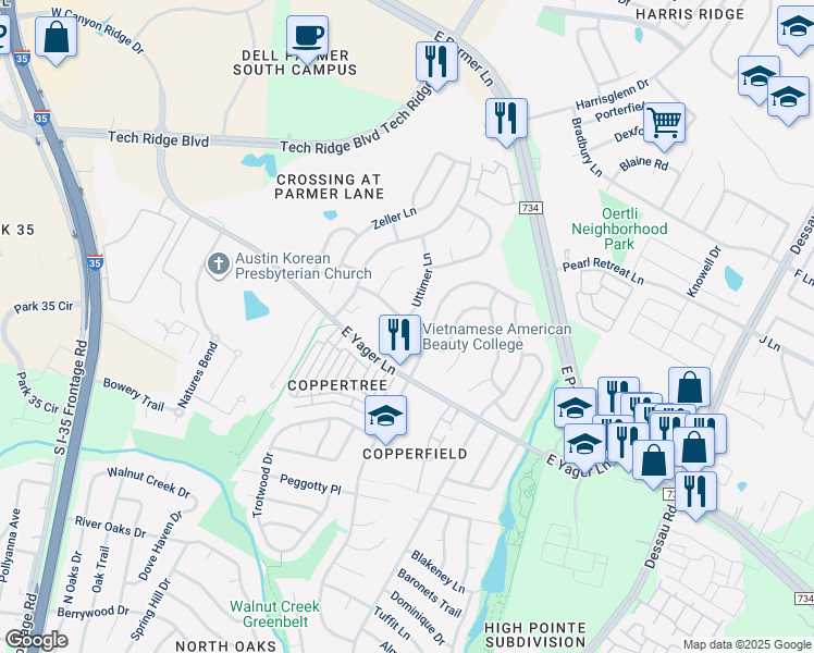 map of restaurants, bars, coffee shops, grocery stores, and more near 1006 Markham Lane in Austin
