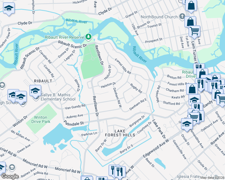 map of restaurants, bars, coffee shops, grocery stores, and more near 8008 Helston Drive in Jacksonville