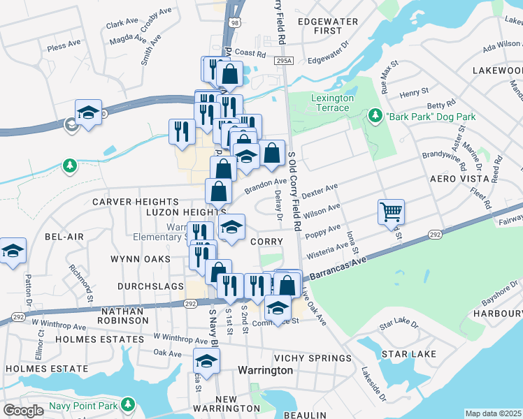 map of restaurants, bars, coffee shops, grocery stores, and more near 111 Cavalier Drive in Pensacola