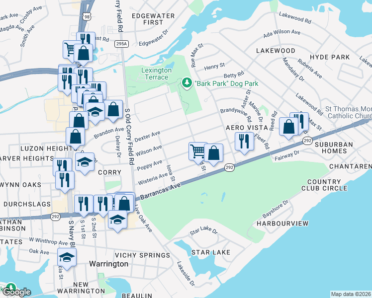map of restaurants, bars, coffee shops, grocery stores, and more near 1307 Wilson Avenue in Pensacola