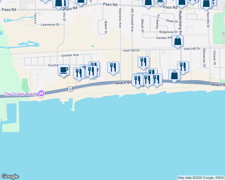 map of restaurants, bars, coffee shops, grocery stores, and more near 1851 Beach Boulevard in Biloxi