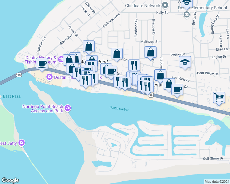 map of restaurants, bars, coffee shops, grocery stores, and more near 402 Harbor Boulevard in Destin