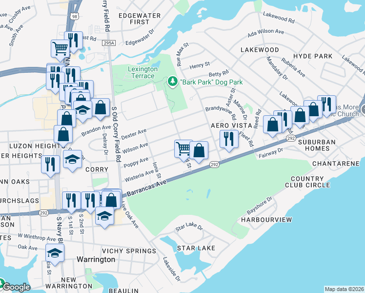 map of restaurants, bars, coffee shops, grocery stores, and more near 1222 Poppy Avenue in Pensacola