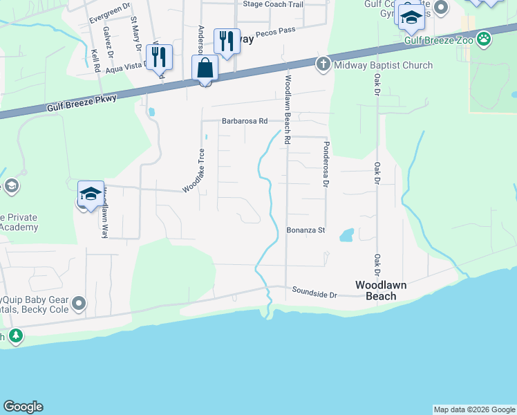 map of restaurants, bars, coffee shops, grocery stores, and more near 5386 Longhorn Trail in Gulf Breeze