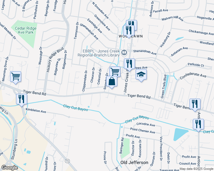 map of restaurants, bars, coffee shops, grocery stores, and more near 6522 Snowden Drive in Baton Rouge