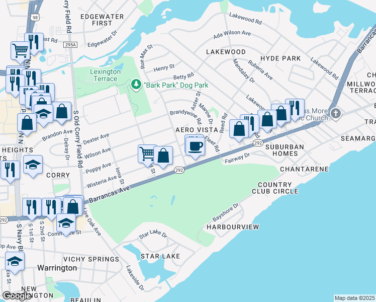 map of restaurants, bars, coffee shops, grocery stores, and more near 106 Jamison Street in Pensacola