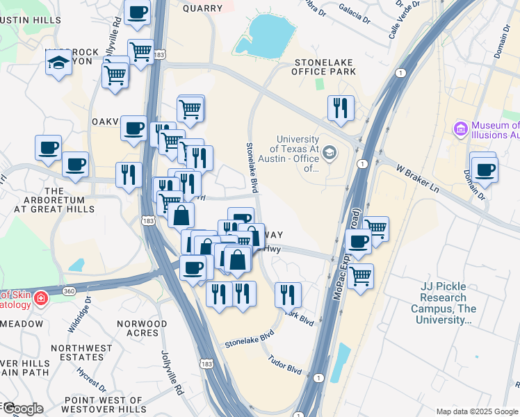 map of restaurants, bars, coffee shops, grocery stores, and more near Stonelake Boulevard in Austin