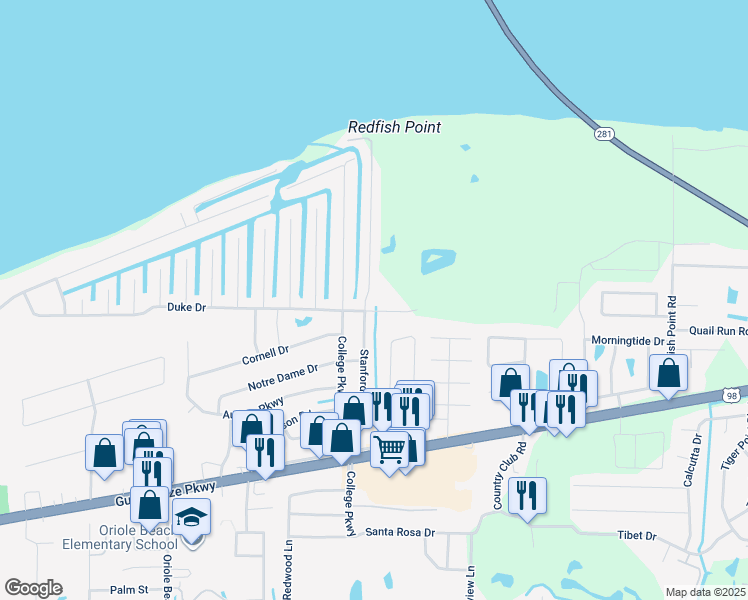 map of restaurants, bars, coffee shops, grocery stores, and more near 1520 Stanford Road in Gulf Breeze