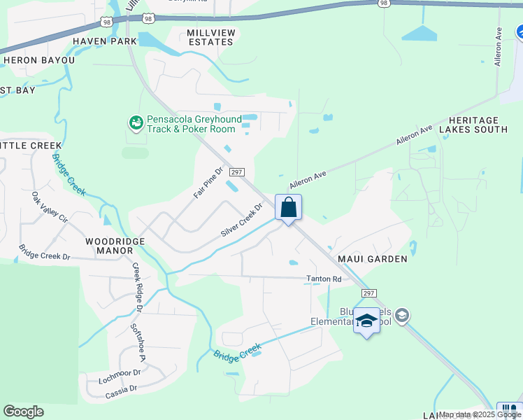 map of restaurants, bars, coffee shops, grocery stores, and more near 10485 Silver Creek Drive in Pensacola