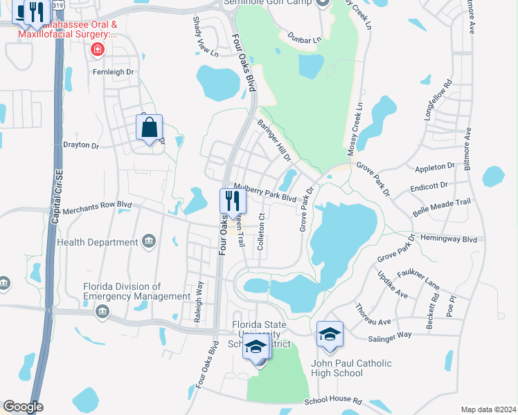 map of restaurants, bars, coffee shops, grocery stores, and more near 4008 Colleton Court in Tallahassee
