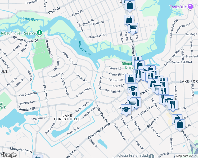 map of restaurants, bars, coffee shops, grocery stores, and more near 8214 Merivale Road in Jacksonville