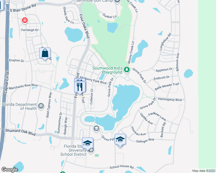 map of restaurants, bars, coffee shops, grocery stores, and more near 3185 Mulberry Park Boulevard in Tallahassee