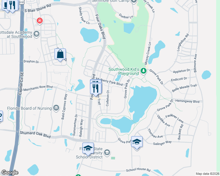 map of restaurants, bars, coffee shops, grocery stores, and more near 3153 Mulberry Park Boulevard in Tallahassee