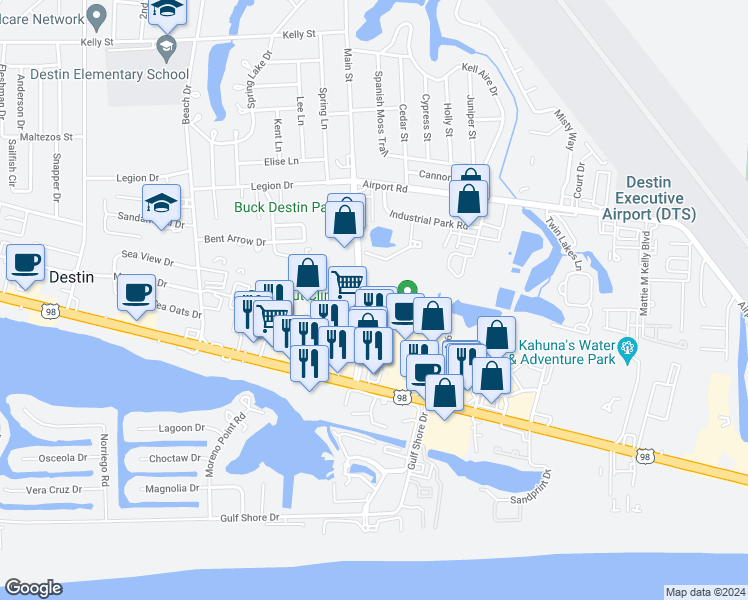 map of restaurants, bars, coffee shops, grocery stores, and more near 180 Main Street in Destin