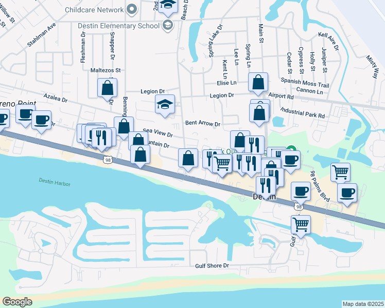 map of restaurants, bars, coffee shops, grocery stores, and more near 130 Lola Circle in Destin