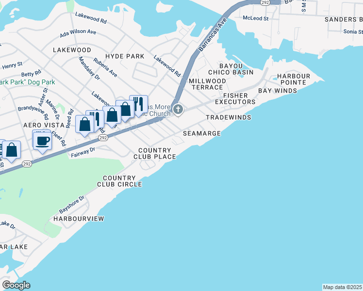 map of restaurants, bars, coffee shops, grocery stores, and more near 603 Bayshore Drive in Pensacola