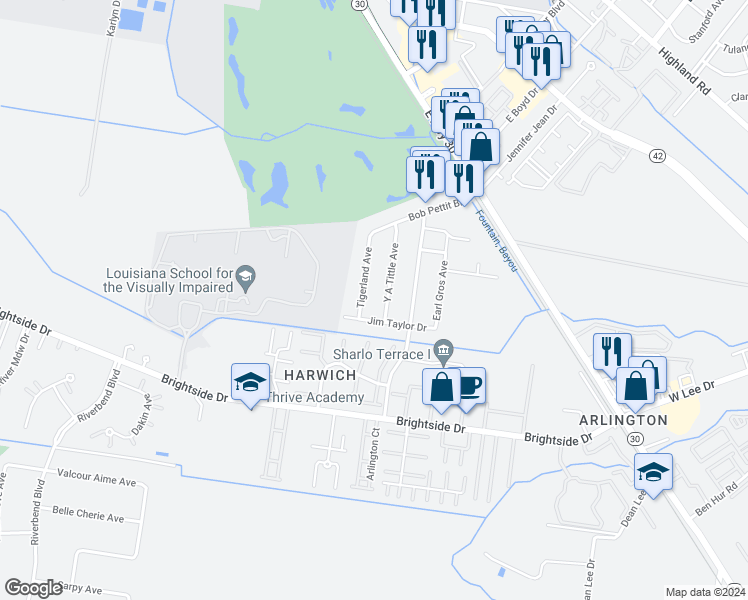 map of restaurants, bars, coffee shops, grocery stores, and more near 4639 Tigerland Avenue in Baton Rouge