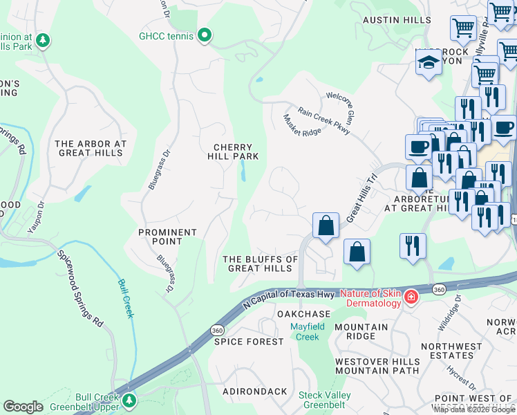 map of restaurants, bars, coffee shops, grocery stores, and more near 9103 Echo Point Cove in Austin