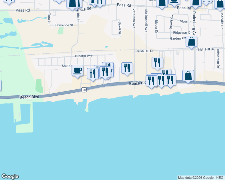 map of restaurants, bars, coffee shops, grocery stores, and more near 1879 Beach Boulevard in Biloxi