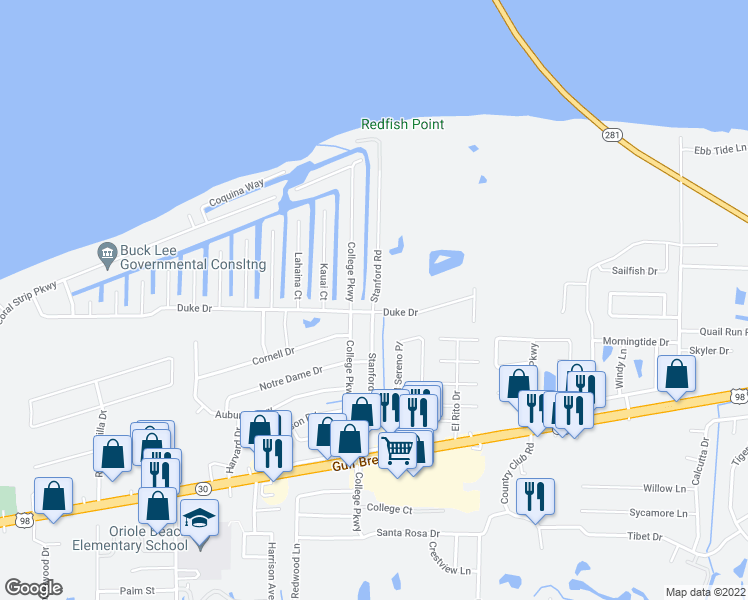 map of restaurants, bars, coffee shops, grocery stores, and more near 1520 Stanford Road in Gulf Breeze