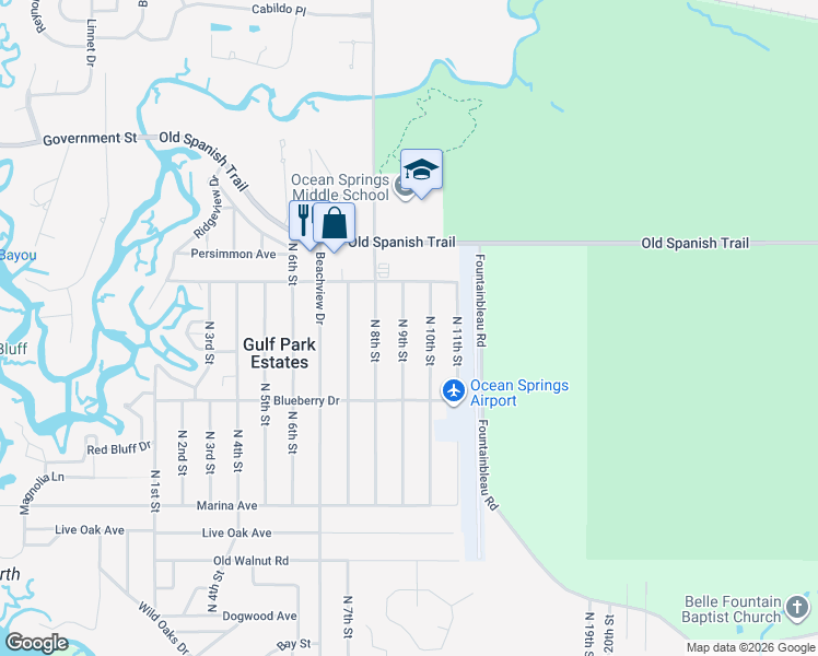 map of restaurants, bars, coffee shops, grocery stores, and more near 3512 North 9th Street in Ocean Springs