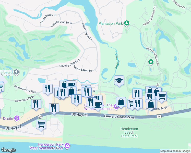 map of restaurants, bars, coffee shops, grocery stores, and more near 4131 Commons Drive West in Destin