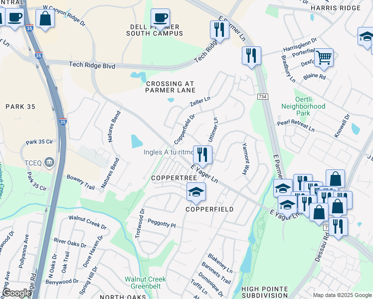 map of restaurants, bars, coffee shops, grocery stores, and more near 1000 East Yager Lane in Austin