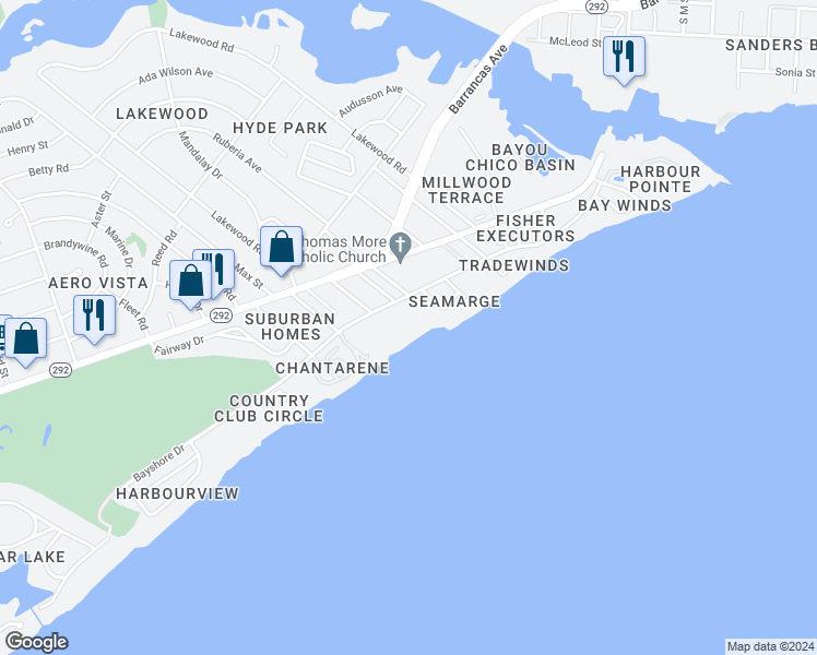 map of restaurants, bars, coffee shops, grocery stores, and more near 615 Bayshore Drive in Pensacola