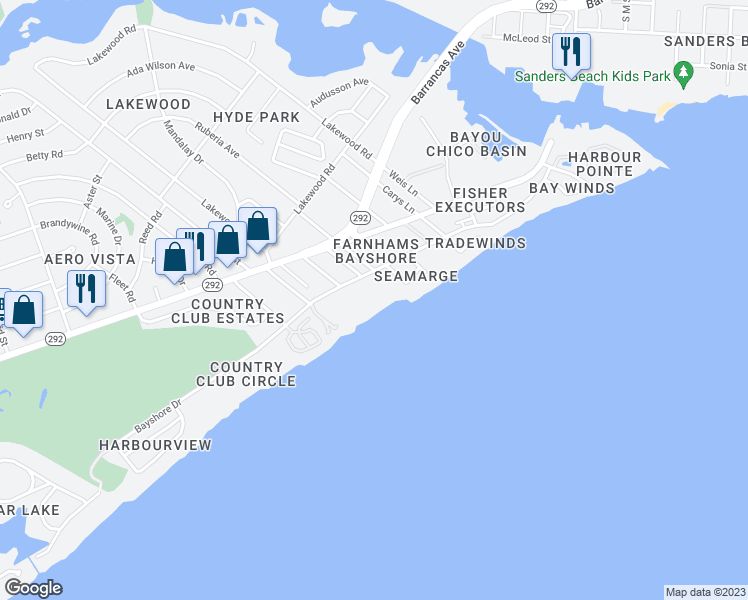 map of restaurants, bars, coffee shops, grocery stores, and more near 603 Bayshore Drive in Pensacola