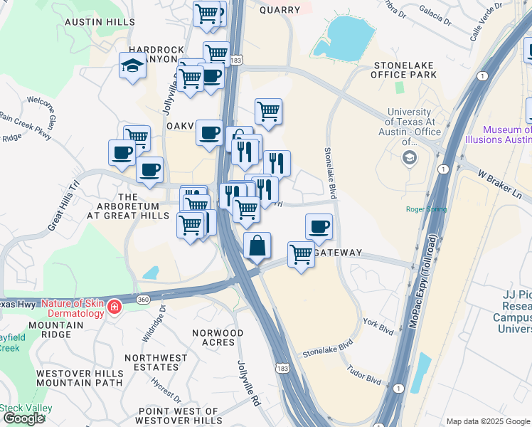 map of restaurants, bars, coffee shops, grocery stores, and more near 10107 Research Boulevard in Austin