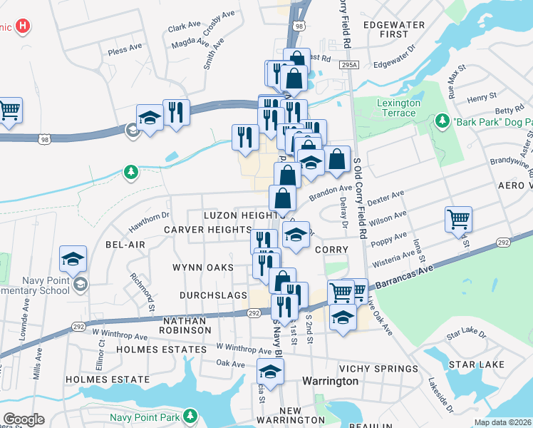 map of restaurants, bars, coffee shops, grocery stores, and more near 101 Mindoro Circle in Pensacola