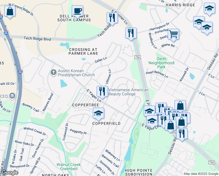 map of restaurants, bars, coffee shops, grocery stores, and more near 12310 Thompkins Drive in Austin