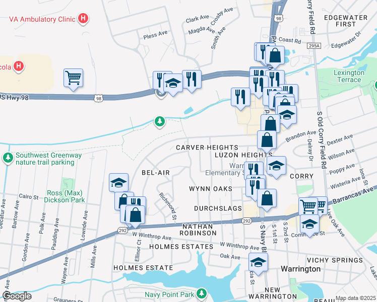 map of restaurants, bars, coffee shops, grocery stores, and more near 216 Hawthorn Drive in Pensacola