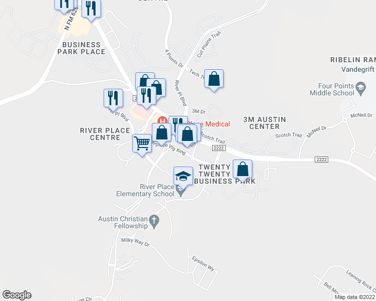 map of restaurants, bars, coffee shops, grocery stores, and more near 10601 Ranch Road 2222 in Austin