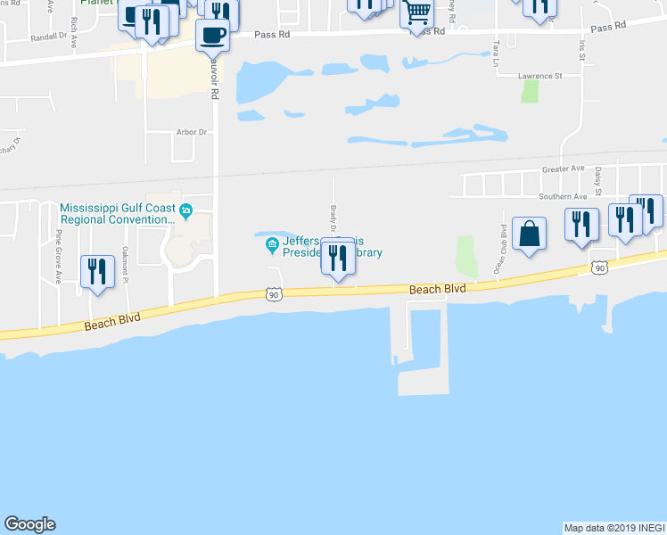 map of restaurants, bars, coffee shops, grocery stores, and more near 121 Brady Drive in Biloxi