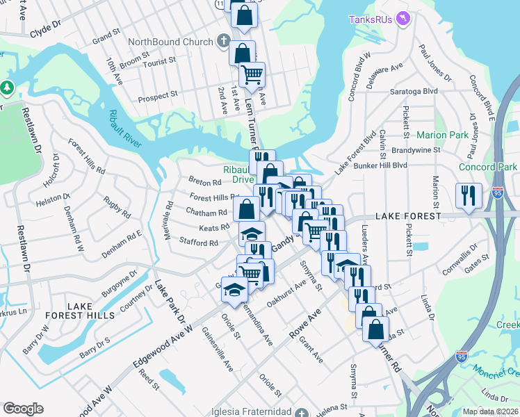 map of restaurants, bars, coffee shops, grocery stores, and more near 1412 Keats Circle in Jacksonville