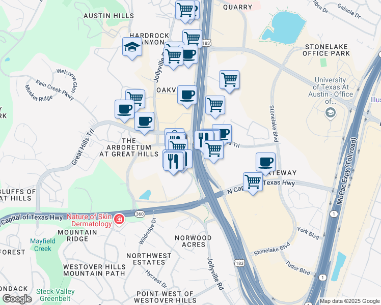 map of restaurants, bars, coffee shops, grocery stores, and more near 10000 Research Boulevard in Austin