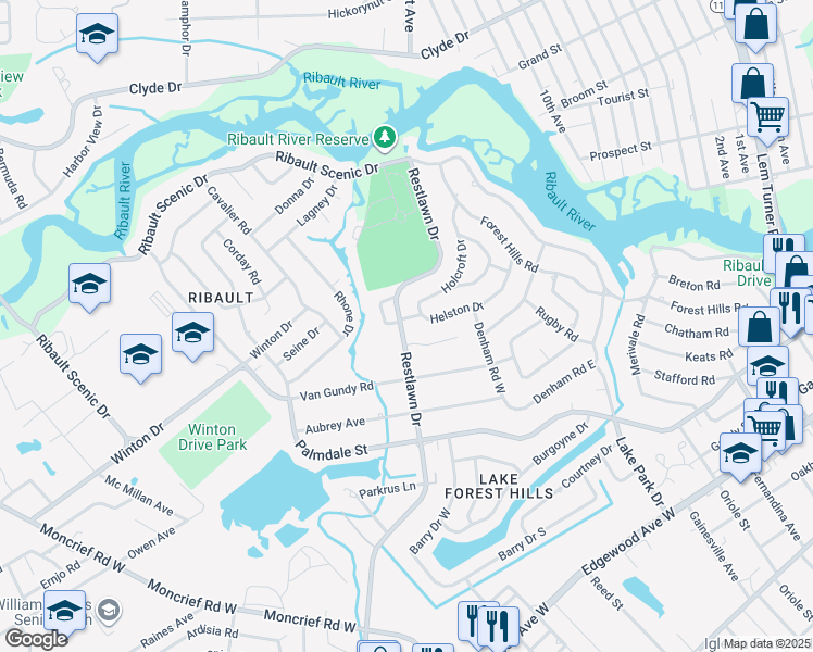 map of restaurants, bars, coffee shops, grocery stores, and more near 7906 Helston Dr in Jacksonville