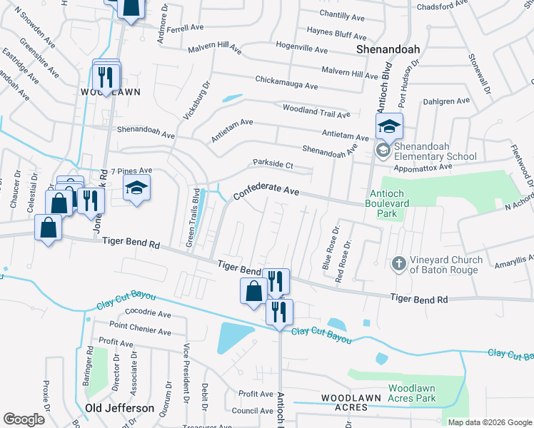 map of restaurants, bars, coffee shops, grocery stores, and more near 15899 New Market Drive in Baton Rouge