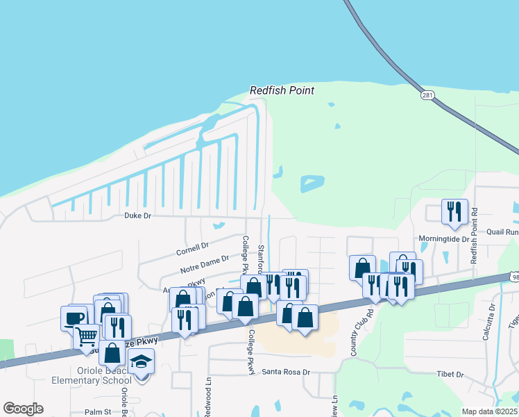 map of restaurants, bars, coffee shops, grocery stores, and more near 1610 College Parkway in Gulf Breeze