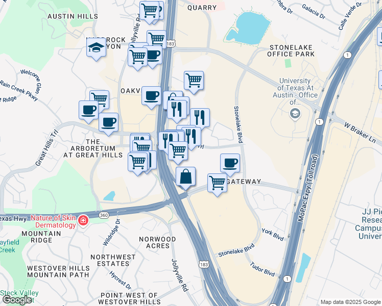 map of restaurants, bars, coffee shops, grocery stores, and more near 10107 Research Boulevard in Austin