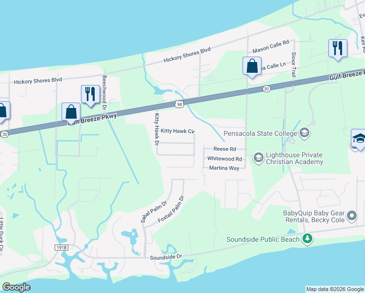 map of restaurants, bars, coffee shops, grocery stores, and more near 4741 Constellation Drive in Gulf Breeze