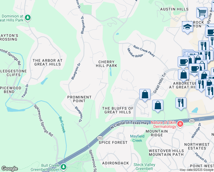 map of restaurants, bars, coffee shops, grocery stores, and more near 8701 Bluffstone Cove in Austin