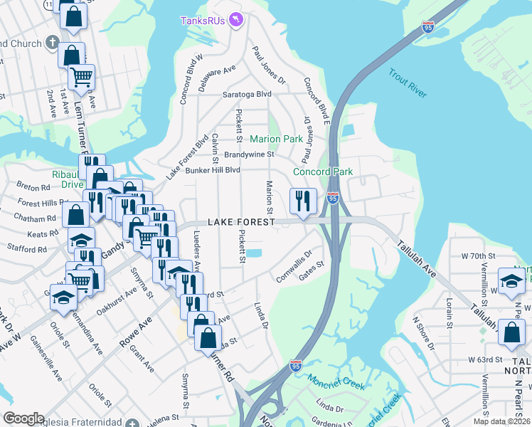 map of restaurants, bars, coffee shops, grocery stores, and more near 7828 Marion Street in Jacksonville