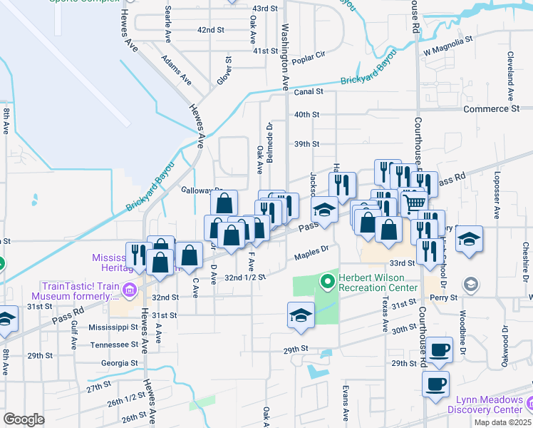 map of restaurants, bars, coffee shops, grocery stores, and more near 3503 Belmede Drive in Gulfport