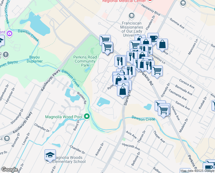 map of restaurants, bars, coffee shops, grocery stores, and more near 1829 Southpointe Drive in Baton Rouge